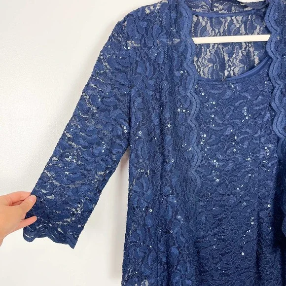 Alex Evenings Navy Blue Lace Sequin Cocktail Sheath Dress With Jacket Size 8 - Picture 4 of 12